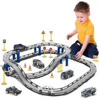 LaCute Autorennbahn Elektrische Autorennbahn mit Spielzeugzug und 4 Fahrzeugen für Kinder, (Rennbahn Set Kinder mit Fahrzeugen für Spielspaß, 38-tlg., Elektrische Rennbahn Set mit 7 Verschiedenen Polizei Fahrzeugen), Motorbetrieb, Bewegungsfunktion, 