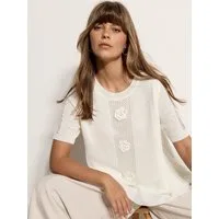 Apricot Spitzenshirt Blumiges Strick-Lagenoberteil Häkelverzierung