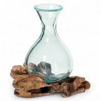 Wogeka Dekovase Glas-Vase Karaffe auf Wurzelholz Teakholz Gamal
