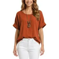 dy_mode Kurzarmbluse Damen Kurzarm Bluse Leichte Sommer Tunika Baumwollbluse Oberteil in Unifarbe, mit passende Kette
