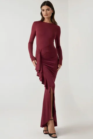 Crew-Neck Bodycon-Maxikleid mit Rüschendetail