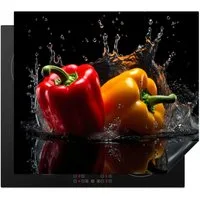 MuchoWow Herd-Abdeckplatte Paprika - Wasser - Schwarz - Gemüse - Rot - Gelb, Vinyl, (1 tlg), Ceranfeldabdeckung Küche, Herdabdeckplatte Einteilig, 60x52 cm