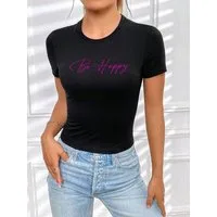 RMK T-Shirt Damen Shirt Top Sommer Basic Be Happy Glücklich aus Baumwolle