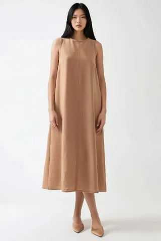 Leinen-Optik Ärmelloses Rundhals-Midi-Kleid