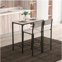 HOMCOM Bargruppe Esstisch mit 2 Barhocker, (Sitzgruppe, 3-tlg., Essgruppe), Natur+Schwarz MDF Metall