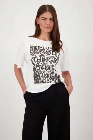 monari - T-Shirt mit Schriftzug und Leomuster off-white - Gr. - 40