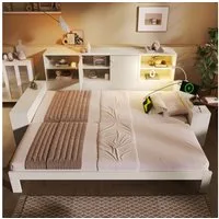 STILVORA Stauraumbett 90x200 mit USB/USB-C Anschlüssen Schlafsofa Tagesbett ausziehbar (mit Ausziehbett, Holz, ausziehbar auf 180x200cm, weiß, mit Stauraum), Leselicht, platzsparend, stabil, flexibel