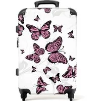 NoBoringSuitcases.com© Kinderkoffer mit leuchtende Räder - Muster - Schmetterling - Rosa - Weiß - Pflanzen, 4 Rollen, Koffer Mittelgroß für 20kg, Suitcase für Erwachsene, Reisekoffer