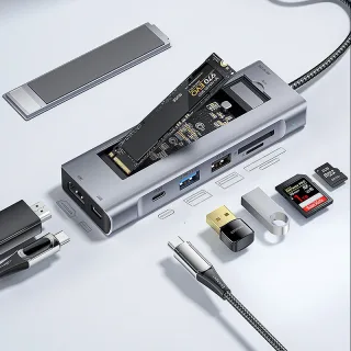 ESSAGER 8-in-1 Docking Station with Disk Storage USB 2.0 USB 3.2 Gen 2 10Gbps USB-C Data PD100W USB-C 4K@30Hz HD SD/TF C