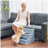 PawHut Haustiertreppe 3 Stufen Tiertreppe Katzentreppe Hundetreppe (Haustierleiter, 1-St., Einstiegshilfe mit Teppich), Tannenholz Grau 40,5 x 44,5 x 38 cm