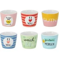 Macosa Home Eierbecher 6er Set bunt lustig 5 cm Steingut, (Geschenkidee Küche, 6-tlg., für Frühstück Brunch Ostern Tischdeko), Eierhalter mit Spruch farbenfroh