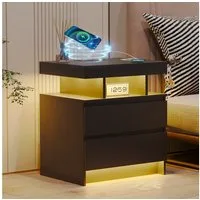 LVSOMT Nachttisch LED Nachttisch mit Ladestation, 3 Farben Licht und Steckdose, mit 2 Schubladen, aus hochwertigen MDF-Platten und leisen Schienen