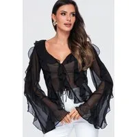 OMBRE Hemdbluse Damen Bluse mit V-Ausschnitt und Rüschen Schwarz M (kein Set, 1-tlg) Volantkragen