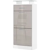 Vladon Schuhschrank Loret V2 (Schuhkipper für 8 Paar Schuhe, mit 2 Klappen, 1 Schublade und Glasablage) Weiß matt/Sandgrau Hochglanz (46 x 104 x 23 cm)