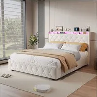 ADWOLT Stauraumbett Polsterbett mit Lattenrost und LED-Beleuchtung, Jugendbett 160x200cm mit USB&Type-C,Doppelbett mit 4 Schubladen,Beige