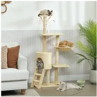 PawHut Kratzbaum mit Höhle, 4 Spielzeuge, für Katzen bis 5 kg, Beige