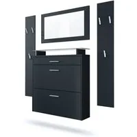 Vladon Garderoben-Set Malea, (Garderobenset bestehend aus 1 Hängeschuhschrank, 1 Wandspiegel und 2 Garderobenpaneele), Schwarz matt/Schwarz matt