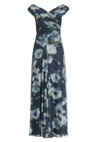 SWING - Robiges Abendkleid aus Mesh mit Ikat Druck und Drapierung navy/multi - Gr. - 44