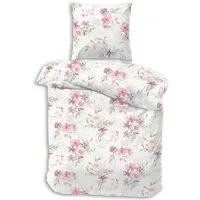 DOBNIG Bettwäsche Flanell, Flanell, 2 teilig, rosa Blümchen, weißer Hintergrund