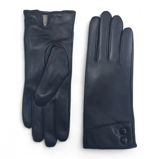 Schwarze italienische Leder-Fahrhandschuhe für Damen mit weichem Wollfutter, Winterknopfverschluss und Lederoptik
