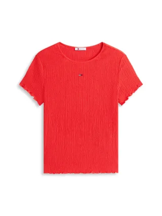 Tommy Jeans - Gesmoktes Slim Fit T-Shirt aus Seersucker rot - Gr. - M