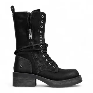 Windsorsmith Damen-Kampfstiefel aus schwarzem Wildleder, halbhohe Schnürstiefeletten, Bikerschuhe – Gather