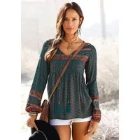 Buffalo Schlupfbluse mit Ethnodruck und Zierperlen, Boho-Style, Langarmbluse