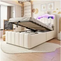 Merax Polsterbett mit LED-Kopfteil und USB & USB-C Anschluss, Samtbezug (1-tlg), Kinderbett 90x200cm mit hydraulischem Stauraum, aufklappbarem Kopfteil