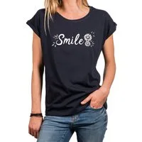MAKAYA T-Shirt Lässiges Damen-Top mit Smile-Motiv und Blumenprint (Schwarz, Blau, Grau, Grün, 34, 36, 38, 40, 42, 44, 46, 48, 50) Baumwolle