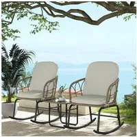 Outsunny Sitzgruppe Rattan Schaukelstuhl-Set, Gartenmöbel-Set mit 2 Stühlen, 1 Couchtisch, (Gartensitzgruppe, 3-tlg., Gartengarnitur), mit Kissen, für Balkon, Terrasse, Creme
