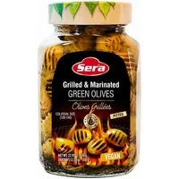 SERA FOOD Antipasti Sera Gegrillte Grüne Oliven Colossal 350g, 1 x 350 g, Colossal Oliven, Auf offener Flamme gegrillt, Rauchiges Aroma