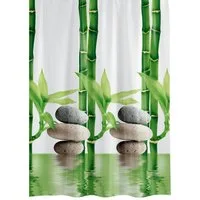 Ekershop Duschvorhang Textil "Bambus mit Stein" Grün Weiß für Duschstange Breite 120 cm, Höhe 200 cm, wasserabweisend, inkl. Ringe, waschbar, bügelbar