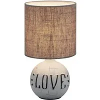 Reality Leuchten Schreibtischlampe Esna, Leuchtmittel wechselbar, E14 Tischleuchte mit LOVE-Schriftzug, Keramikfuß und Stoffschirm
