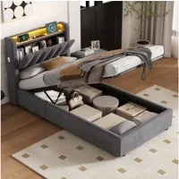 REDOM Polsterbett Hydraulisches Bett mit LED-Beleuchtung & USB-Ladestation (Funktionsbett, 1-tlg., 90x200 cm, inkl. Stauraum, Kopfteilregal & Samtbezug), Für ein komfortables und praktisches Schlafambiente(ohne Matratze)