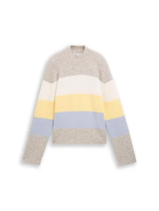 Denim Tom Tailor - Strickpullover mit Wollanteil beige yellow colorblock stripe - Gr. - XL