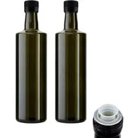 mikken Ölspender 2 Ölflaschen 500ml Antikglas mit Ausgießer Glasflasche zum Befüllen, (Essig & Öl Set), mit Etiketten, Originalitätsring, UV-Schutz, Luftdicht, 0,5 Liter