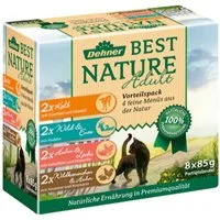 Dehner Best Nature Adult Multipack, 4 verschiedene Sorten, 8 x 85 g Beutel Ente, Nassfutter für: Katze, Nassfutter für Katzen, mit Kalb / Wild / Geflügel / Lachs / Kaninchen