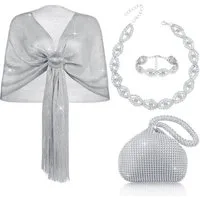 nsihing Schmuckset Silbernes Ballschmuckset, Damen-Silberschmuck-Set, Abendtasche, Armband, Halskette und Schal-Set