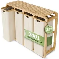 AMBIAVO Wäschekorb 4 Fächer mit waschbaren Baumwollsäcken, 200 L Volumen, stabiler 3x3 cm Bambusrahmen, innovatives Design