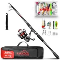Paradox Fishing Spinnrute Komplett Angelset Teleskop + 3000 Angelrolle mit Schnur und Ködern, (2,10m 10-30g, 2,40m 15-40g, 2,70m 20-50g), inkl. Transporttasche Köderset