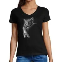 MyDesign24 T-Shirt Damen Katzen Print Shirt bedruckt - Schlafende Katze am Mond V-Ausschnitt Baumwollshirt mit Aufdruck Slim Fit i123