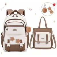 MOPUEA Schulrucksack Schulrucksack Mädchen, Großes Fassungsvermögen (Mit Trolleyband, Pom-Pom-Anhänger und Sternenabzeichen, Bequem, 2-tlg., Lässiger Rucksack für Teenager, Ideal für Schule, Schulstart), 2-teiliges Set mit Schulrucksack & Nachhilfebe