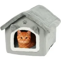 Purlov Katzenzelt Katzenbett Haus grau mit Kissen und Reißverschlussdach aus Plüsch, Hausform mit Baldachin geschützter Rückzugsort