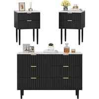 UEV Schlafzimmer-Set, 3er-Set Schlafzimmermöbel in Marmoroptik, (Kommode mit 6 Schubladen und 2er-Set Nachttisch marmor), Sideboard mit Kisppschutz, mit Soft-Close