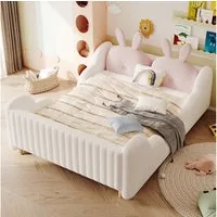 Merax Polsterbett (1-tlg., gepolstertes Plattformbett Bodenbett aus Teddysamt), Kinderbett 140x200 mit Lattenrost, Kaninchenkissen und Rausfallschutz