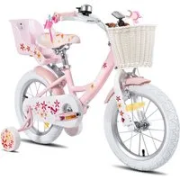 JOYSTAR Kinderfahrrad 12 14 16 18 Zoll Mädchenfahrrad, 3 - 9 Jahre, Geschenk für Prinzessin, 1 Gang, Puppenradsitz & Stützrädern& Korbstreamer, 18 Zoll mit Stützrädern