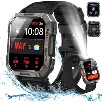 IOWODO MILITÄR SMARTWATCH HERREN W60 – 30 TAGE AKKU, LED-TASCHENLAMPE,KOMPASS Smartwatch Packung, mit atmungsaktivem, gewebtem Riemen geliefert, 2,01" Fitness Uhr,900 mAh,Bluetooth Anrufe,Ideal für Outdoor&Handwerk