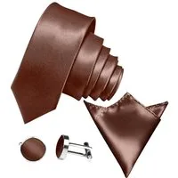 GASSANI Krawatte Satin Hochzeitskrawatte, Herren-Krawatte Hochzeit Schlips z Anzug (Set, 3-St., Krawattenset, Manschettenknöpfe, mit Einstecktuch) 6cm Schmal Dünn, Slim Uni, Seide-Touch-Finish
