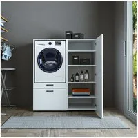Roomart Waschmaschinenumbauschrank Schrankwand Waschküche Weiß, Überbau + Mehrzweckschrank Set SERIE 2 (Roomart Waschmachinenschrank für Hauswirtschaftsraum HBT:145x127x66) E1-Qualität · melaminharzbeschichtete Platten · bis 130 kg belastbar