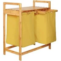 Lumaland Ausziehwäschekorb Bambus mit 2 ausziehbaren Wäschesäcken 73x64x33cm, Wäschesammler mit Deckel, Pflegeleichtes Material,  leicht abwischbar
